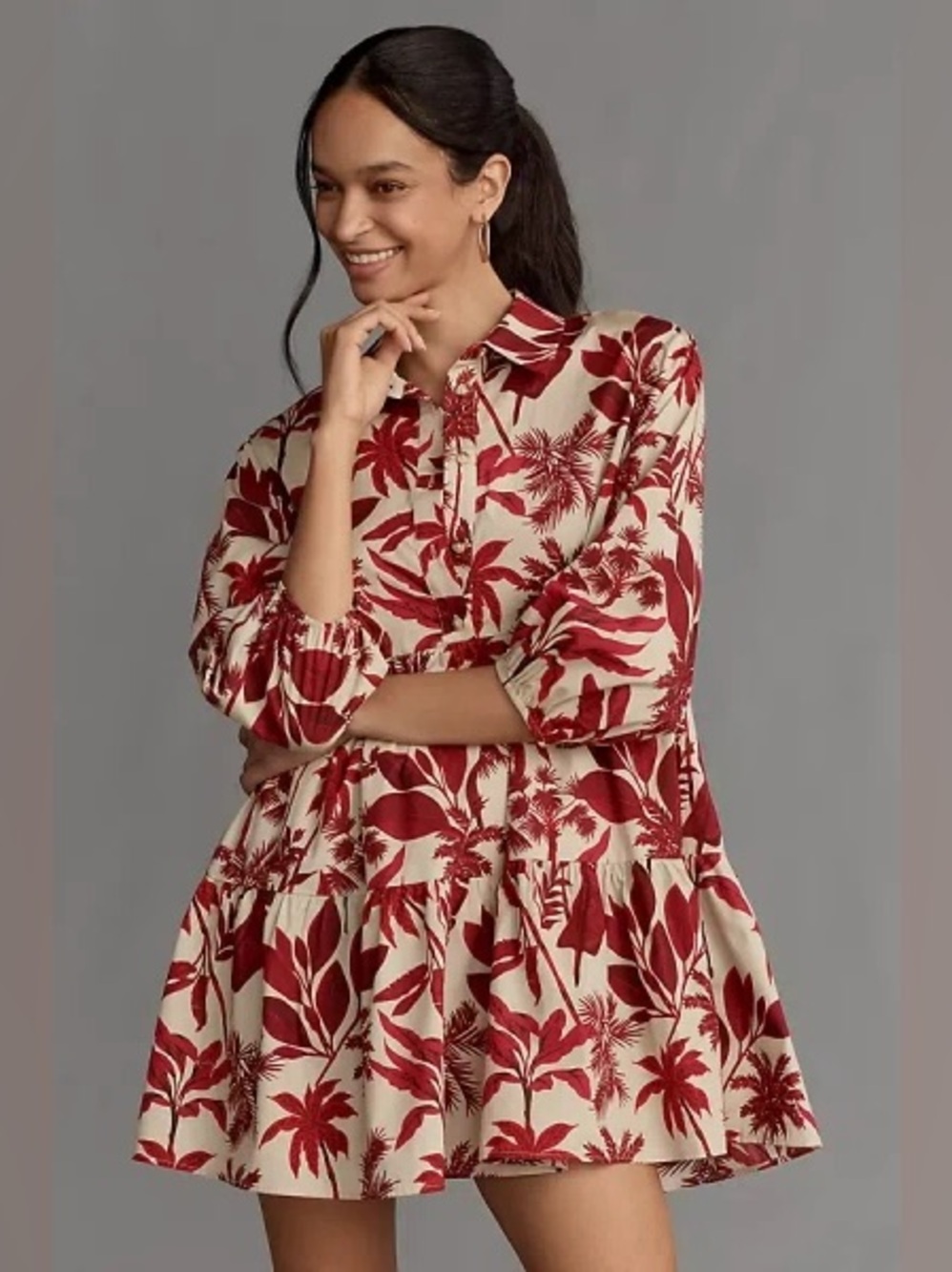 Anthropologie Maeve Red Khaki Palm Tree Printed Dress sz 1X